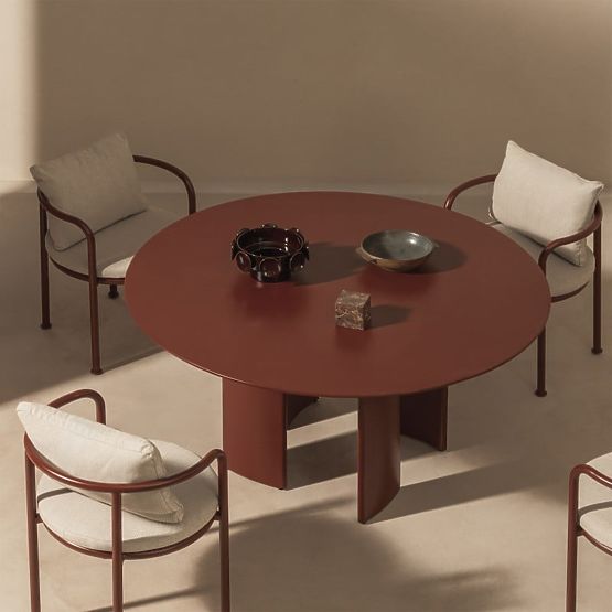 Ensemble de jardin Amarello, table ronde 140 cm + 4 chaises, aluminium, brun bordeaux
