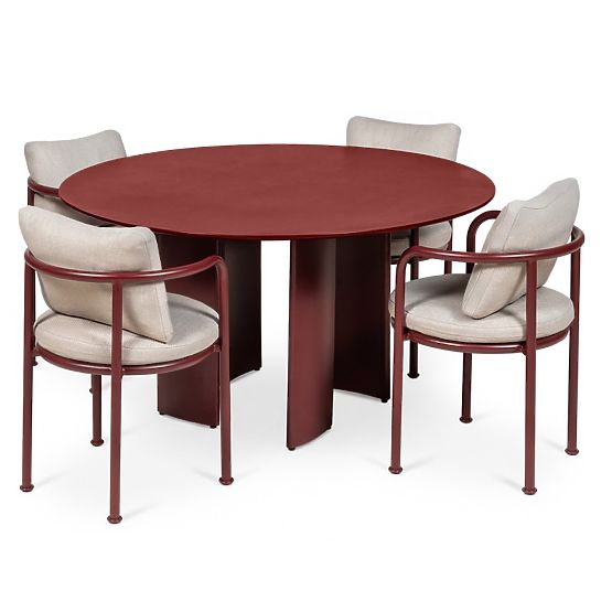 Ensemble de jardin Amarello, table ronde 140 cm + 4 chaises, aluminium, brun bordeaux