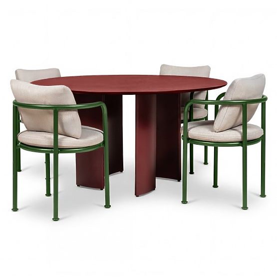 Ensemble de jardin Amarello, table ronde 140 cm + 4 chaises, aluminium, vert/bordeaux