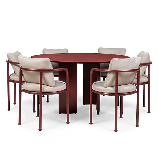 Ensemble de jardin Amarello, table ronde 140 cm + 6 chaises, aluminium, brun bordeaux