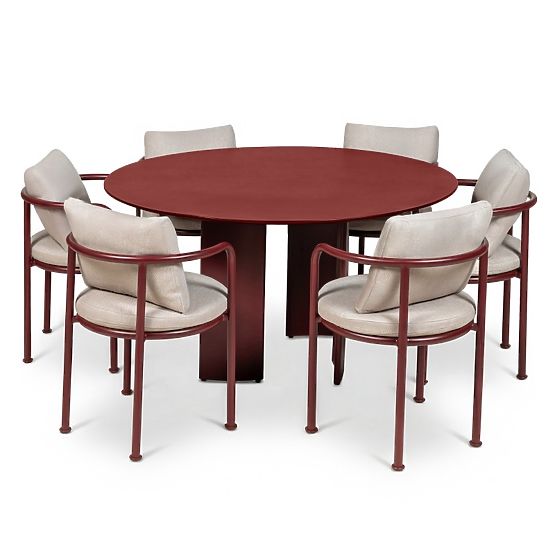 Ensemble de jardin Amarello, table ronde 140 cm + 6 chaises, aluminium, brun bordeaux