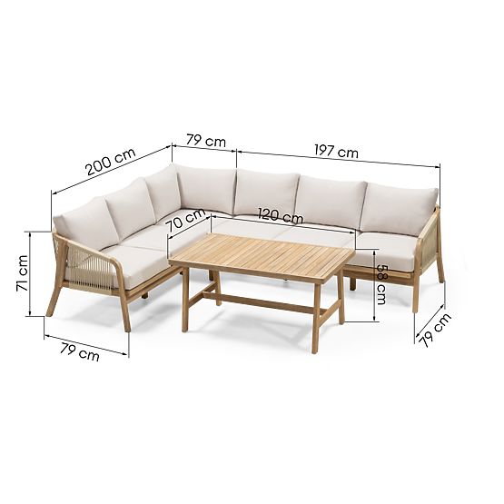 Ensemble de jardin d'angle avec table Castello, tressage, bois d'acacia FSC, aspect teck, beige