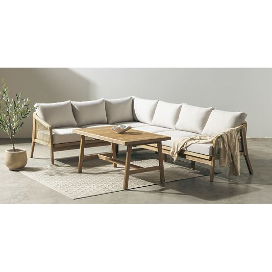 Ensemble de jardin d'angle avec table Castello, tressage, bois d'acacia FSC, aspect teck, beige