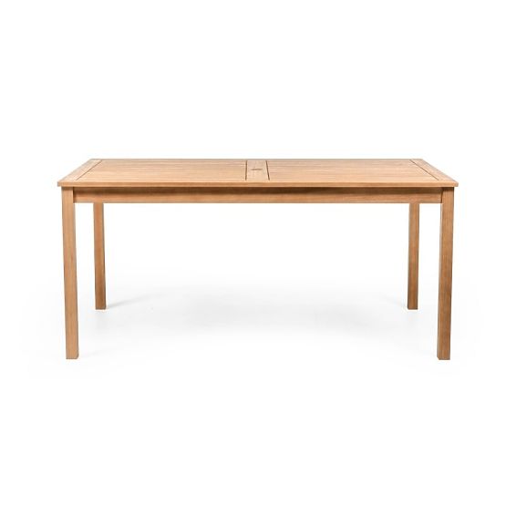 Ensemble de jardin Familis table 160 cm + 4 chaises avec dossiers réglables et coussins crème, bois