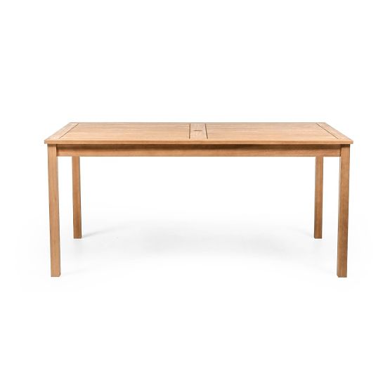 Ensemble de jardin Familis table 160 cm + 6 chaises avec dossiers réglables et coussins crème, bois