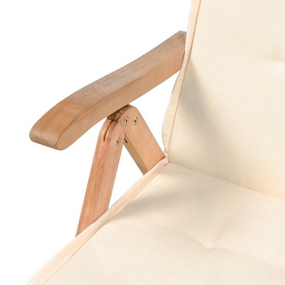 Ensemble de jardin Familis table 160 cm + 6 chaises avec dossiers réglables et coussins crème, bois