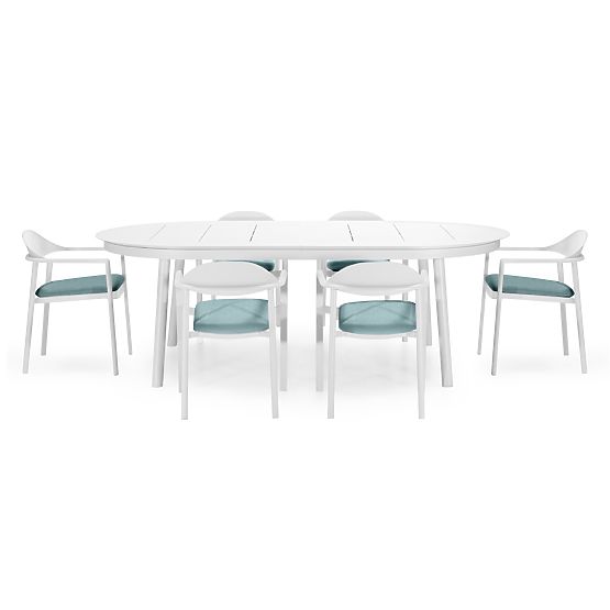 Ensemble de jardin Marinelli, table extensible 230-300 cm + 6 chaises, aluminium, blanc
