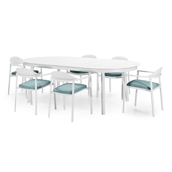 Ensemble de jardin Marinelli, table extensible 230-300 cm + 6 chaises, aluminium, blanc