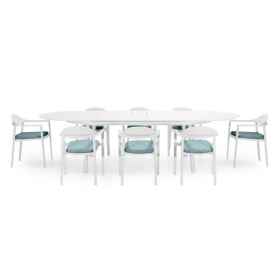 Ensemble de jardin Marinelli, table extensible 230-300 cm + 8 chaises, aluminium, blanc