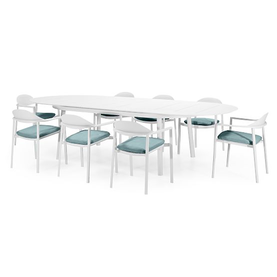 Ensemble de jardin Marinelli, table extensible 230-300 cm + 8 chaises, aluminium, blanc