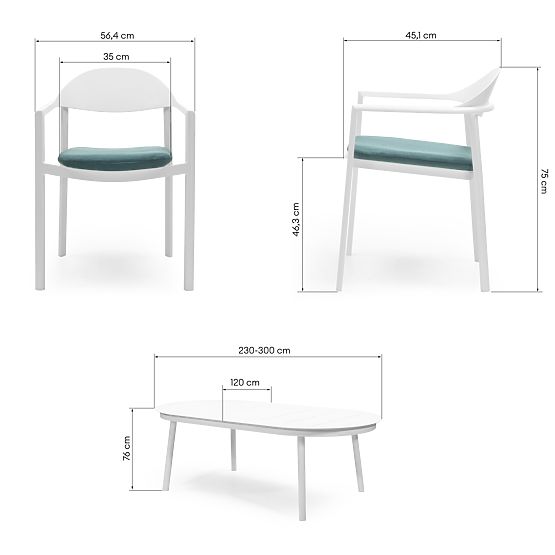 Ensemble de jardin Marinelli, table extensible 230-300 cm + 8 chaises, aluminium, blanc