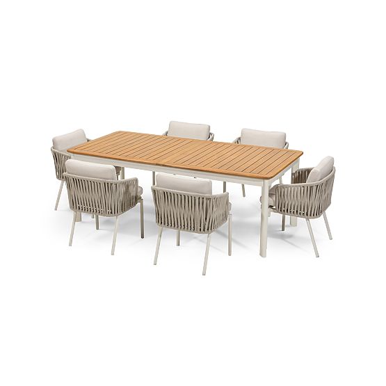 Ensemble de jardin Porticato, table extensible 211-300 cm + 6 chaises, bois d'acacia FSC, aspect tec