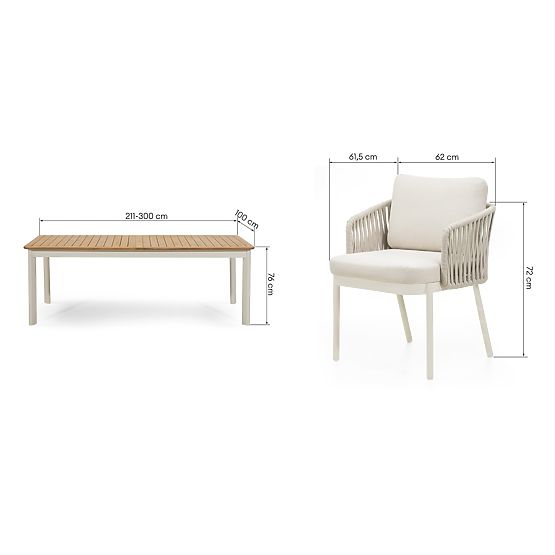 Ensemble de jardin Porticato, table extensible 211-300 cm + 6 chaises, bois d'acacia FSC, aspect tec