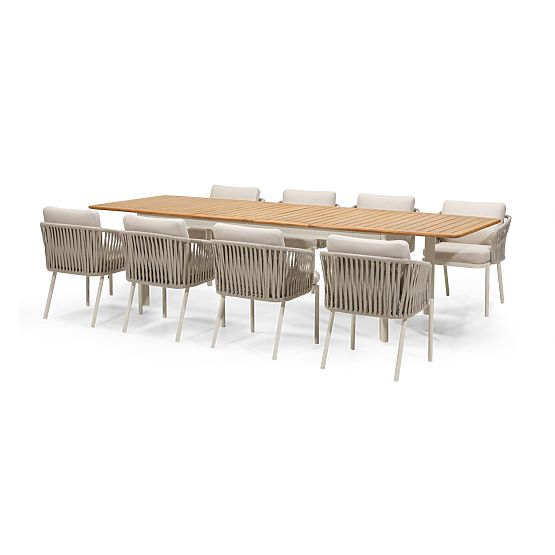 Ensemble de jardin Porticato, table extensible 211-300 cm + 8 chaises, bois d'acacia FSC, aspect tec