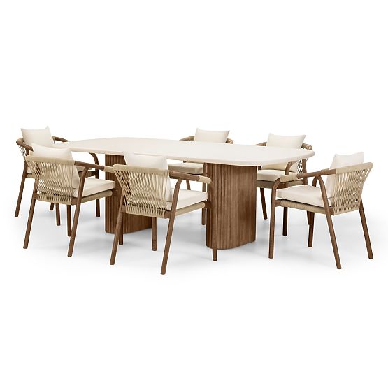 Ensemble de jardin Rovigo table avec plateau en pierre 220 cm et 6 chaises avec corde tressée, bois 