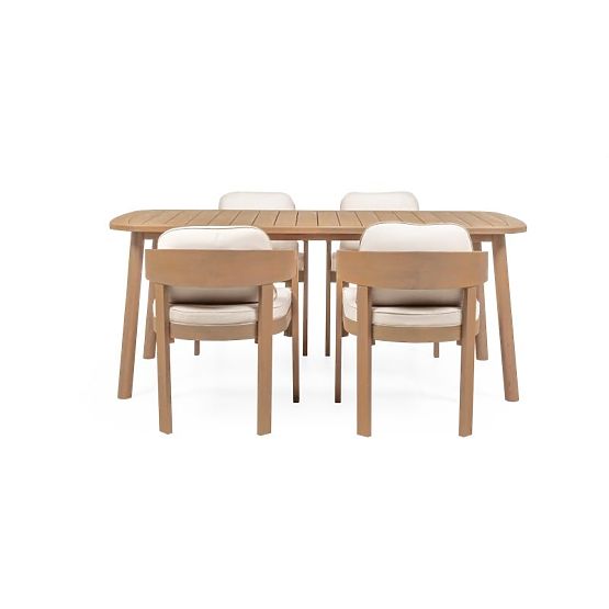 Ensemble de jardin Satori, table 183 cm + 4 chaises, bois d'acacia FSC, aspect teck, beige, arrondi
