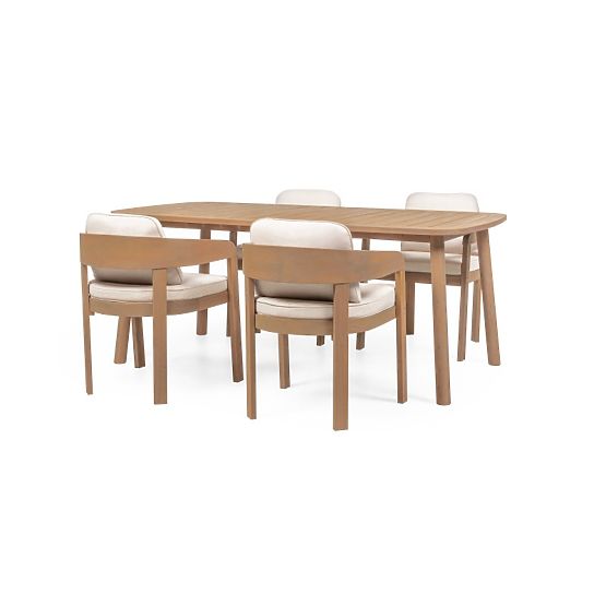 Ensemble de jardin Satori, table 183 cm + 4 chaises, bois d'acacia FSC, aspect teck, beige, arrondi