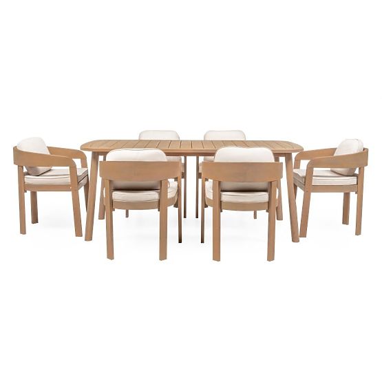 Ensemble de jardin Satori, table 183 cm + 6 chaises, bois d'acacia FSC, aspect teck, beige, arrondi