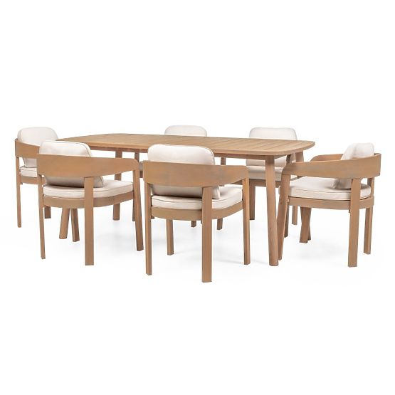 Ensemble de jardin Satori, table 183 cm + 6 chaises, bois d'acacia FSC, aspect teck, beige, arrondi