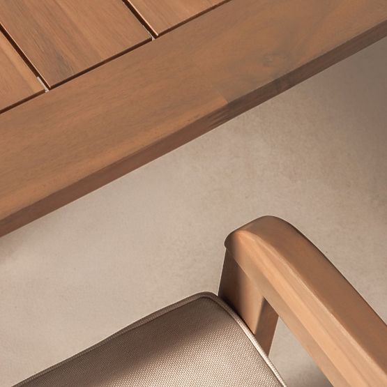 Ensemble de jardin Satori, table 183 cm + 6 chaises, bois d'acacia FSC, aspect teck, beige, arrondi