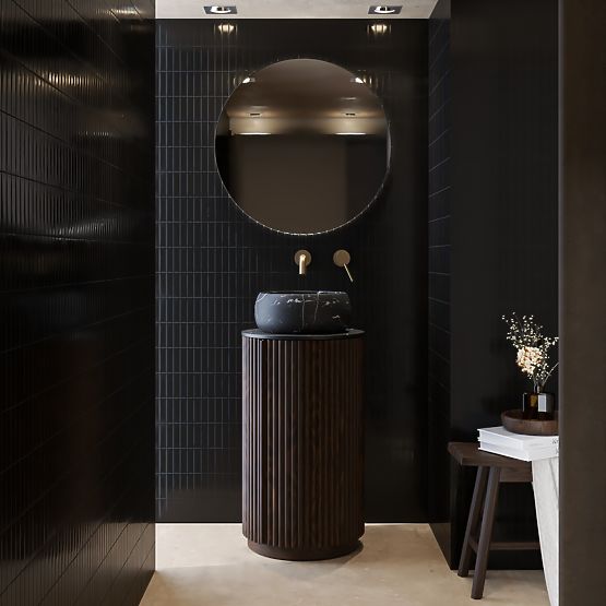 Ensemble de meuble avec plan et lavabo La promessa 40 cm, rainuré, arrondi, noyer foncé/noir