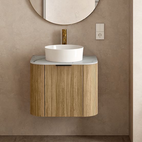 Ensemble de meuble avec plan et lavabo Matinale 60 cm, rainuré, arrondi, Glit White/acacia