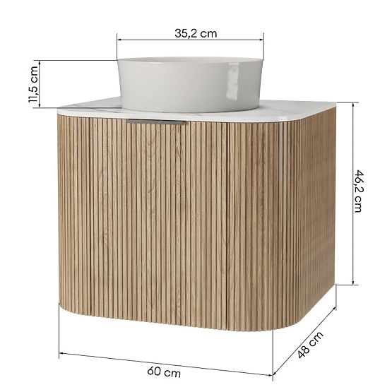 Ensemble de meuble avec plan et lavabo Matinale 60 cm, rainuré, arrondi, Glit White/acacia