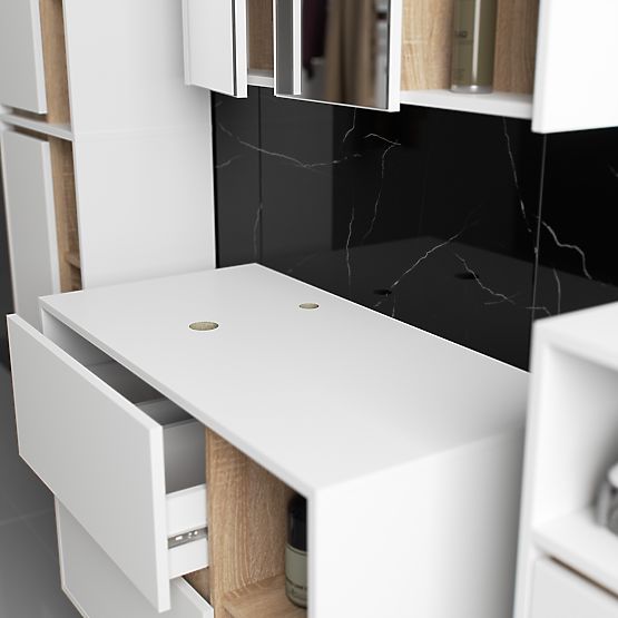 ENSEMBLE DE MEUBLES DE SALLE DE BAIN SUSPENDUS AVEC OUVERTURES VAMI BLANC / CHÊNE SONOMA