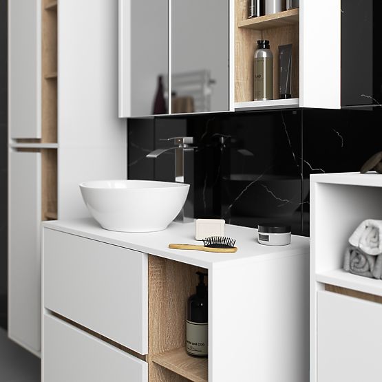 ENSEMBLE DE MEUBLES DE SALLE DE BAIN SUSPENDUS AVEC OUVERTURES VAMI BLANC / CHÊNE SONOMA
