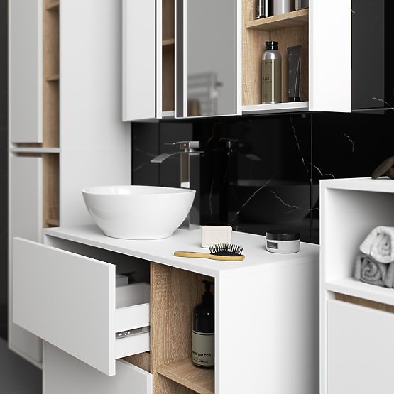 ENSEMBLE DE MEUBLES DE SALLE DE BAIN SUSPENDUS AVEC OUVERTURES VAMI BLANC / CHÊNE SONOMA