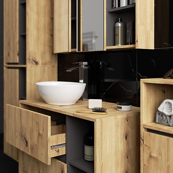 ENSEMBLE DE MEUBLES DE SALLE DE BAIN SUSPENDUS AVEC OUVERTURES VAMI CHÊNE ARTISAN / GRIS GRAPHITE