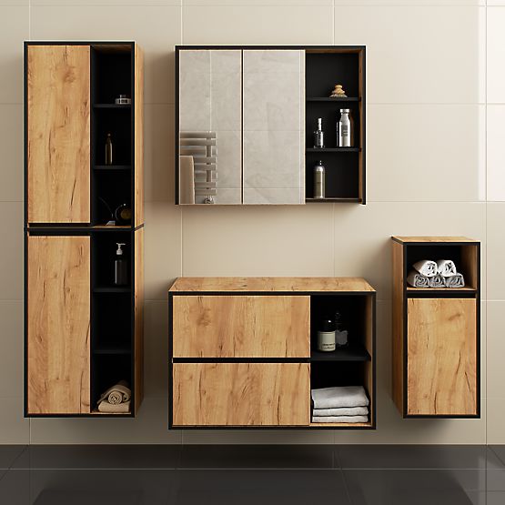 ENSEMBLE DE MEUBLES DE SALLE DE BAIN SUSPENDUS AVEC OUVERTURES VAMI CHÊNE CRAFT / NOIR