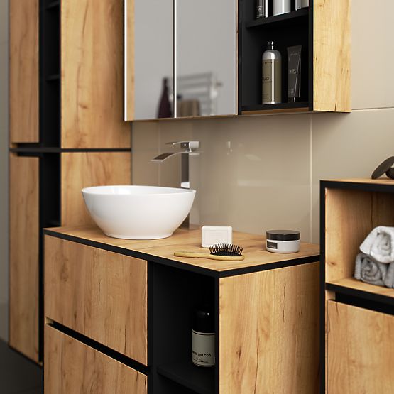ENSEMBLE DE MEUBLES DE SALLE DE BAIN SUSPENDUS AVEC OUVERTURES VAMI CHÊNE CRAFT / NOIR