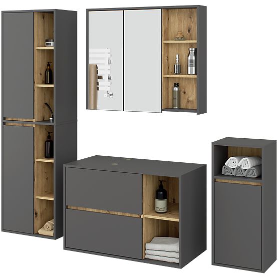 ENSEMBLE DE MEUBLES DE SALLE DE BAIN SUSPENDUS AVEC OUVERTURES VAMI GRIS GRAPHITE / CHÊNE ARTISAN