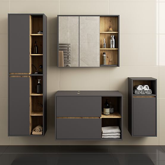 ENSEMBLE DE MEUBLES DE SALLE DE BAIN SUSPENDUS AVEC OUVERTURES VAMI GRIS GRAPHITE / CHÊNE ARTISAN
