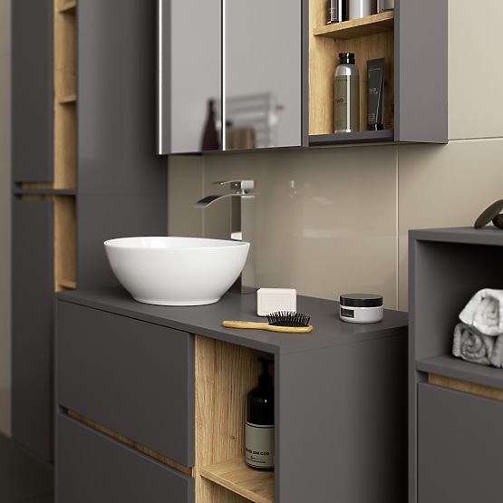 ENSEMBLE DE MEUBLES DE SALLE DE BAIN SUSPENDUS AVEC OUVERTURES VAMI GRIS GRAPHITE / CHÊNE ARTISAN