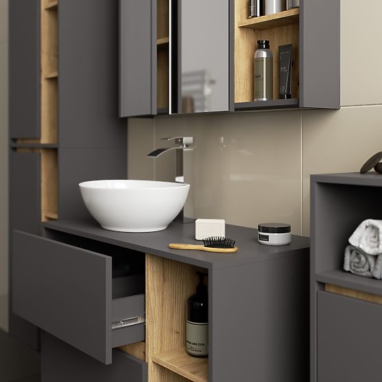 ENSEMBLE DE MEUBLES DE SALLE DE BAIN SUSPENDUS AVEC OUVERTURES VAMI GRIS GRAPHITE / CHÊNE ARTISAN