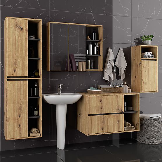 ENSEMBLE DE MEUBLES DE SALLE DE BAIN SUSPENDUS VAMI CHÊNE ARTISAN / GRIS GRAPHITE