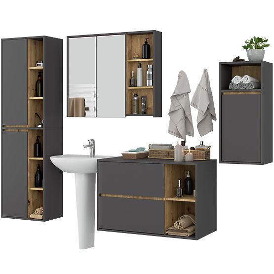 ENSEMBLE DE MEUBLES DE SALLE DE BAIN SUSPENDUS VAMI GRIS GRAPHITE / CHÊNE ARTISAN