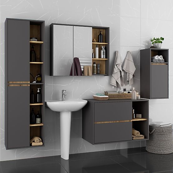 ENSEMBLE DE MEUBLES DE SALLE DE BAIN SUSPENDUS VAMI GRIS GRAPHITE / CHÊNE ARTISAN