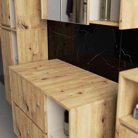 ENSEMBLE DE MEUBLES DE SALLE DE BAINS SUSPENDUS AVEC OUVERTURES VAMI CHÊNE ARTISAN / CACHEMIRE