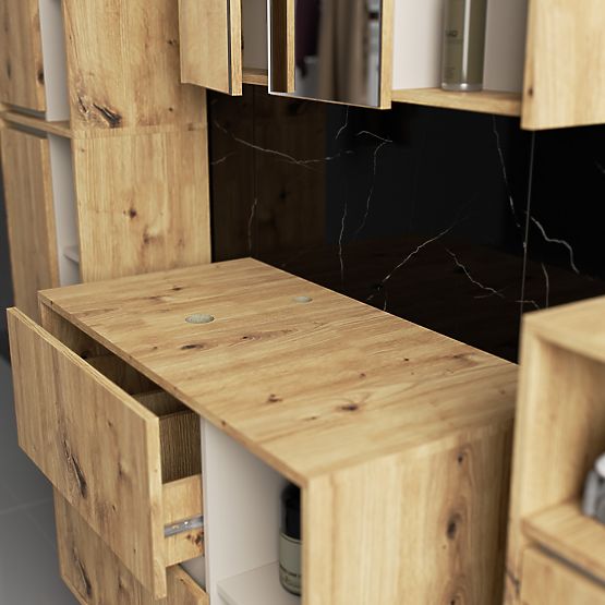 ENSEMBLE DE MEUBLES DE SALLE DE BAINS SUSPENDUS AVEC OUVERTURES VAMI CHÊNE ARTISAN / CACHEMIRE