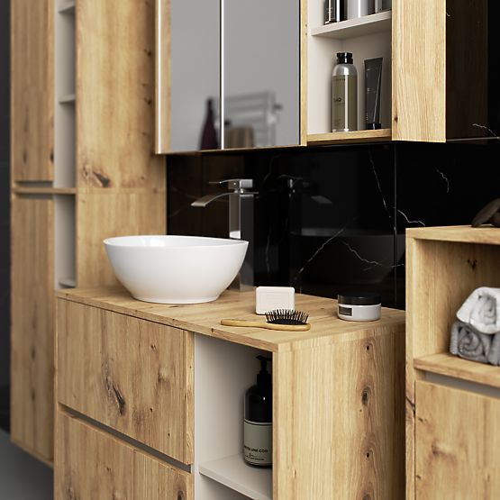 ENSEMBLE DE MEUBLES DE SALLE DE BAINS SUSPENDUS AVEC OUVERTURES VAMI CHÊNE ARTISAN / CACHEMIRE
