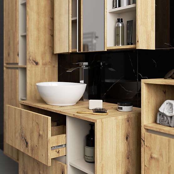 ENSEMBLE DE MEUBLES DE SALLE DE BAINS SUSPENDUS AVEC OUVERTURES VAMI CHÊNE ARTISAN / CACHEMIRE