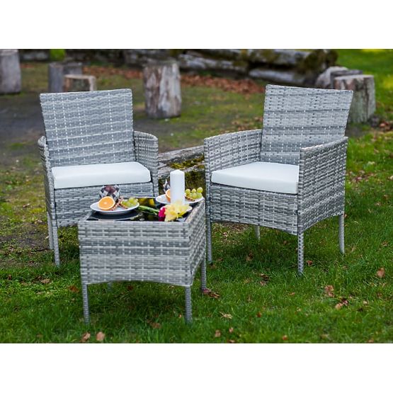 Ensemble de mobilier de balcon (2 x fauteuil + table) SANO en résine tressée grise
