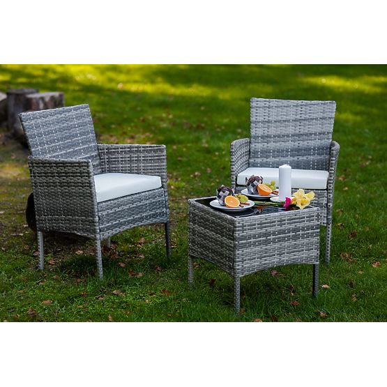 Ensemble de mobilier de balcon (2 x fauteuil + table) SANO en résine tressée grise