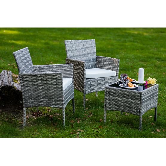 Ensemble de mobilier de balcon (2 x fauteuil + table) SANO en résine tressée grise