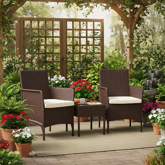Ensemble de mobilier de jardin 2 fauteuils + table en verre trempé marron MultiGarden