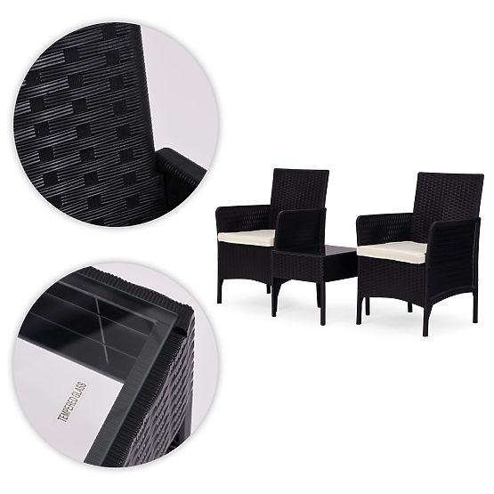 Ensemble de mobilier de jardin 2 fauteuils + table verre trempé noir MultiGarden