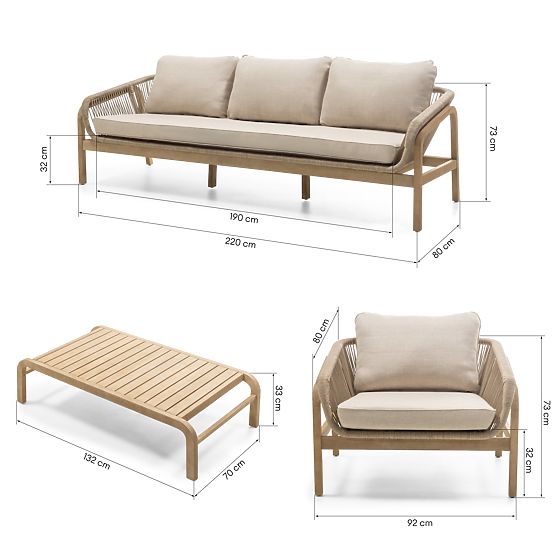 Ensemble de mobilier de jardin Belpasso, tressage, bois d'eucalyptus FSC, aspect teck, beige clair